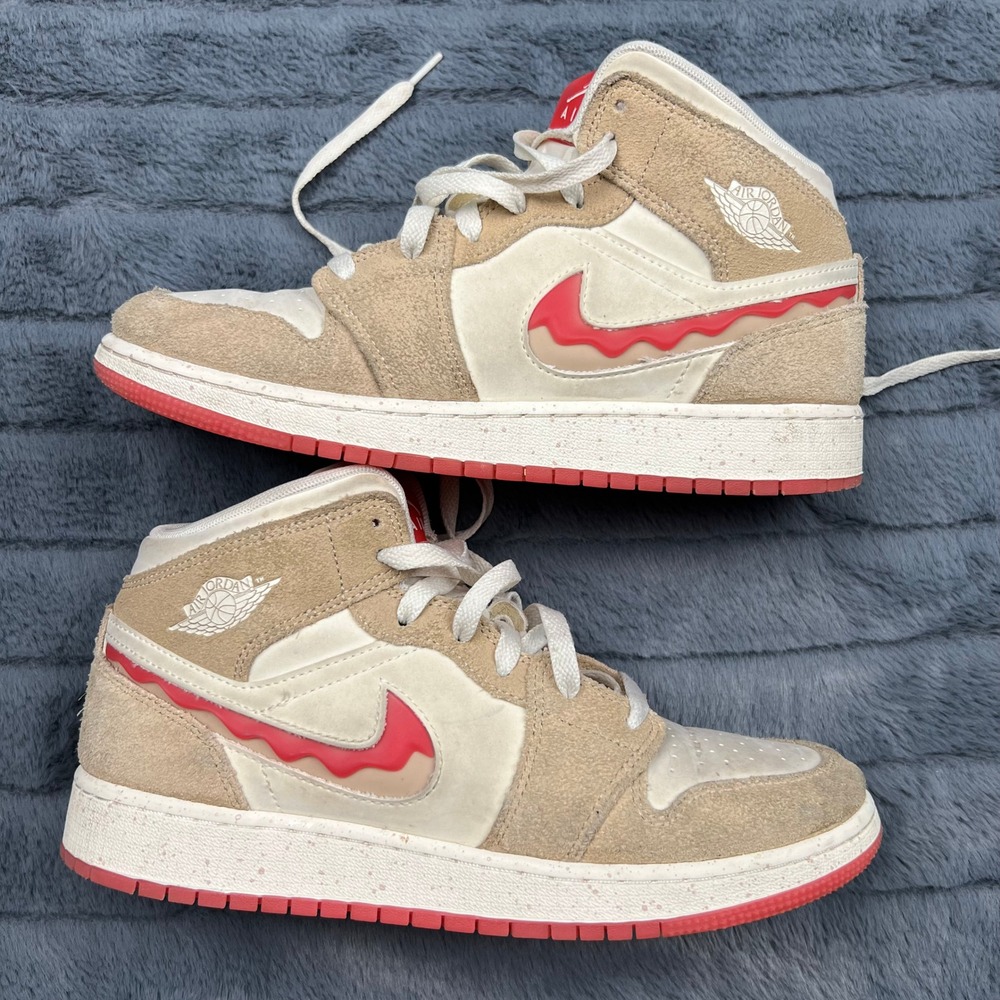 Jordan 1 Mid GS Hemp Radiant Red Melted Swoosh HJ5958-206 Kids Size 7Y